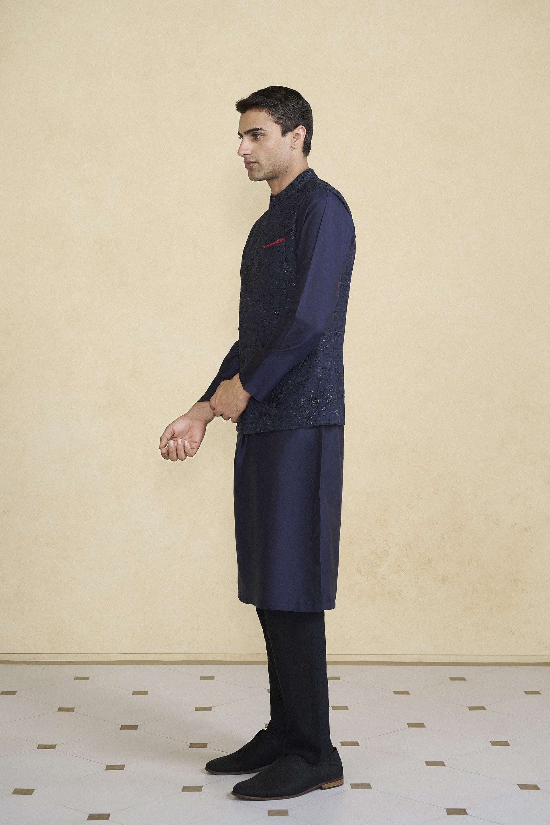 Banshik Hand-embroidered Silk Nehru Jacket - Navy, Navy, image 3